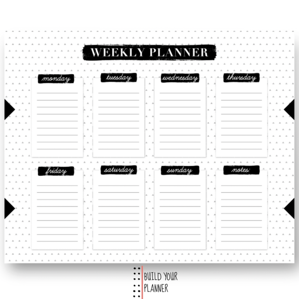 Picture of a weekly planner with vertical boxes for the days of the week. part of an article - create diy personalized planner pages - tips and tricks