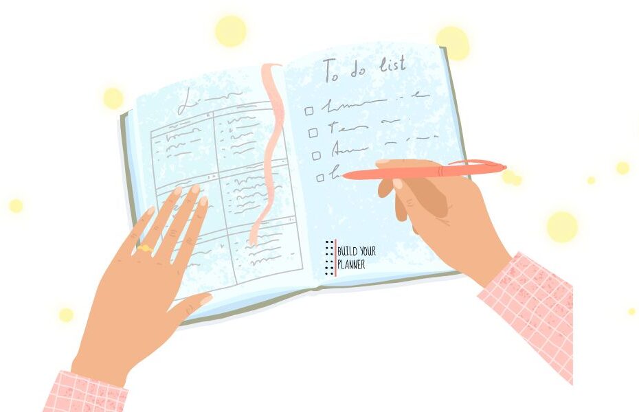 picture of a hand drawn graphic of a planner open with two hands over it. One hand has a pen and is writing in the planner. Part of an article - 5 planner design hacks to make a planner beautiful.