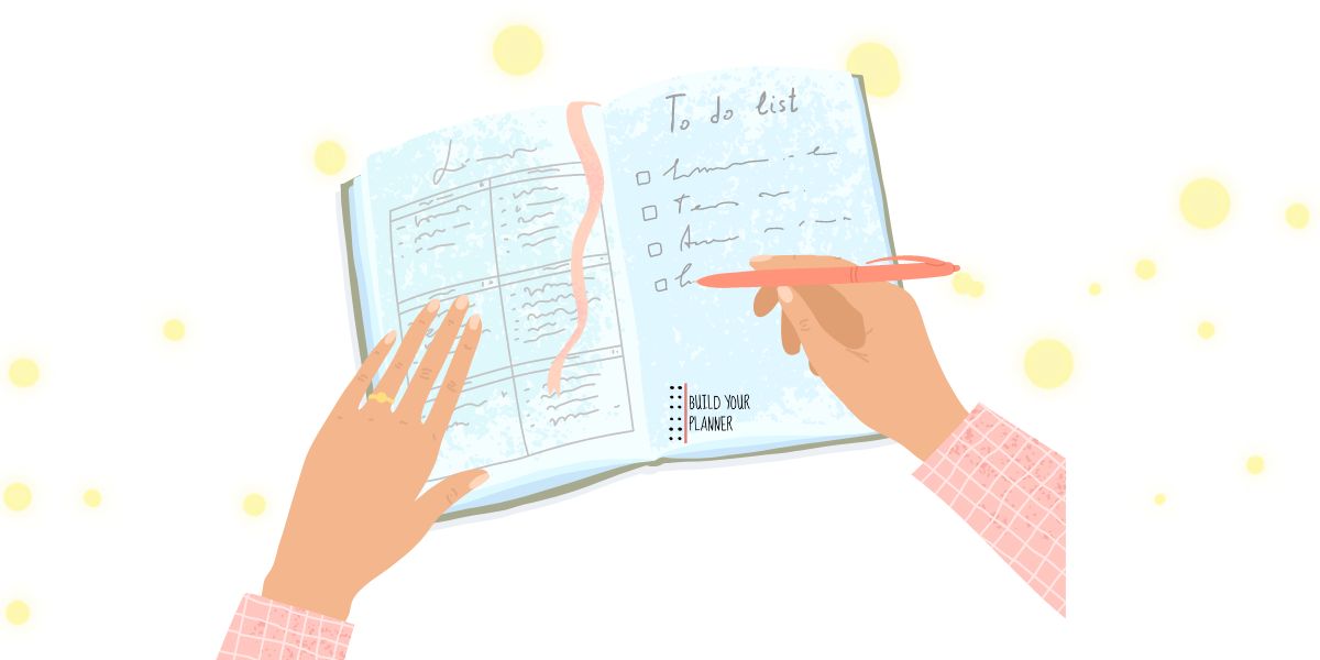 picture of a hand drawn graphic of a planner open with two hands over it. One hand has a pen and is writing in the planner. Part of an article - 5 planner design hacks to make a planner beautiful.