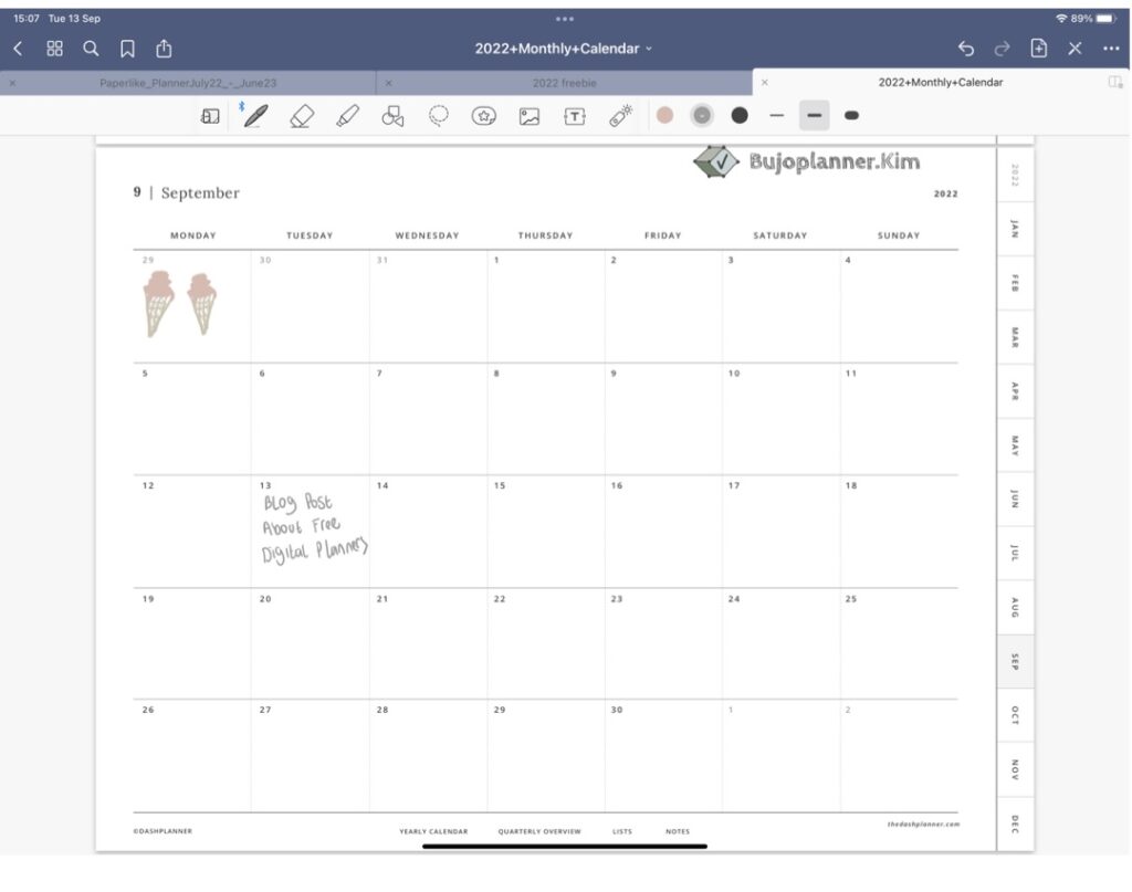 A calendar from the DASHPLANNER digital planner. Part of an article - reviews of 3 free digital planners for goodnotes