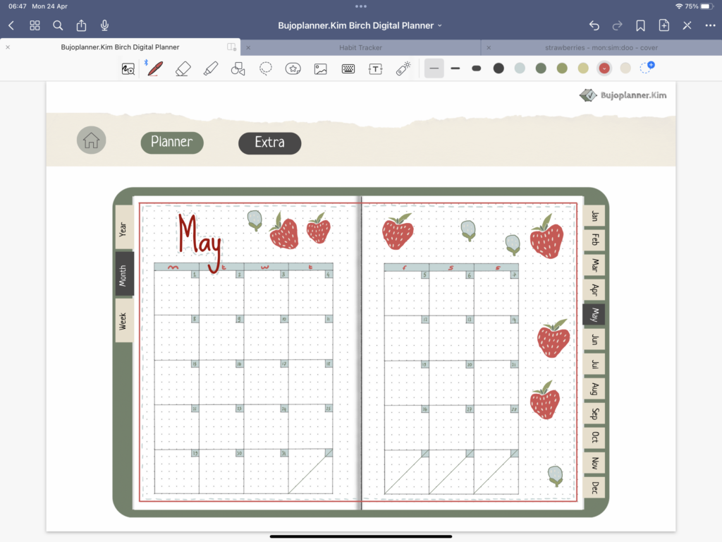Picture of a may calendar on a digital planner. There are strawberries decorated around the page. Part of an article - how to decorate a digital planner like a pro.