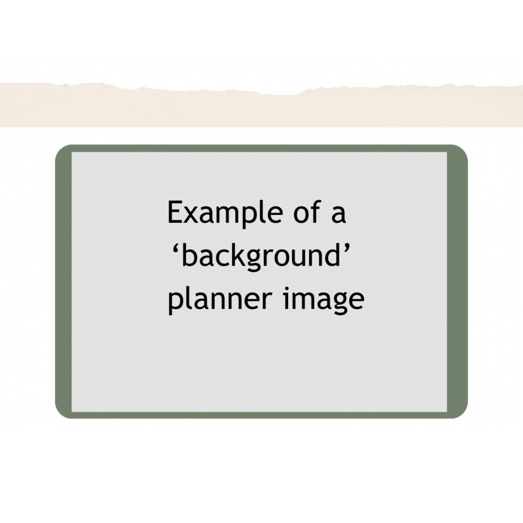 Picture has a ripped paperlike border across the top, then a shape of a tablet with rounded corners. The title says ‘example of a background planner image. Part of an article - how to make a professional digital planner with canva
