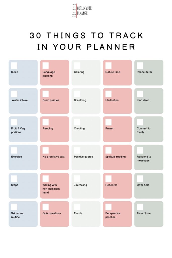 30 boxes of things to track in your planner. All of them are mentioned here in this article: 30 things to track in your planner.