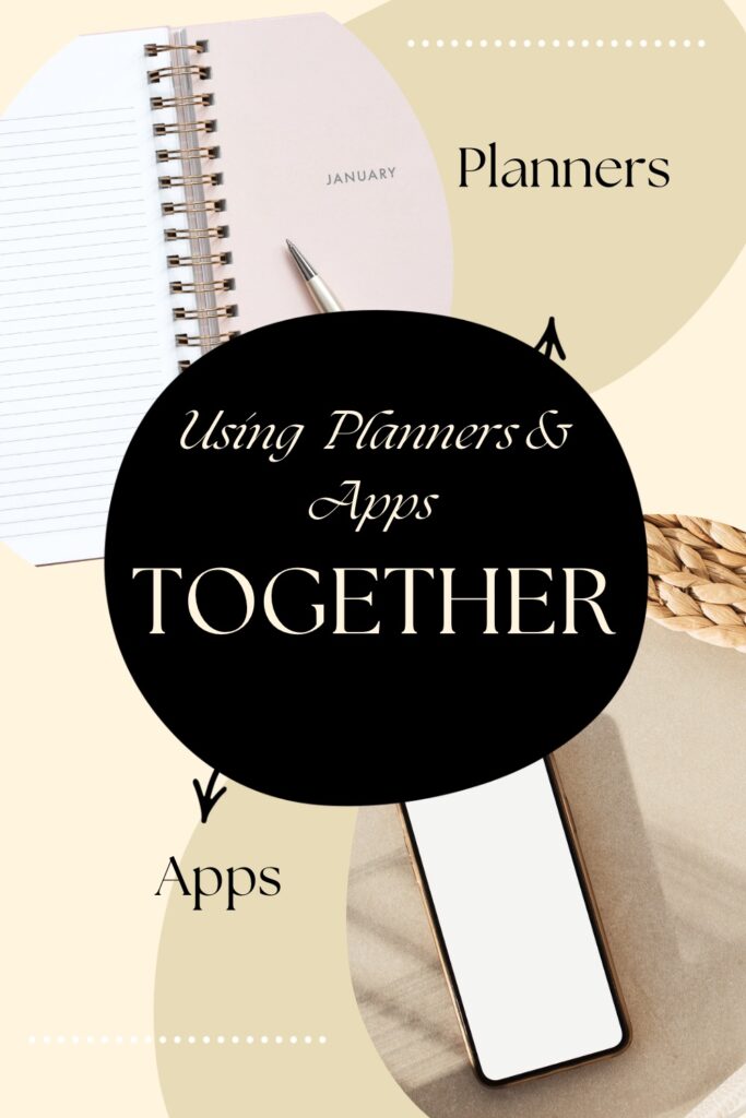 In the top left there is an image of a planner. In the bottom right there is an image of a phone. The title in the middle says: using planners and apps together
