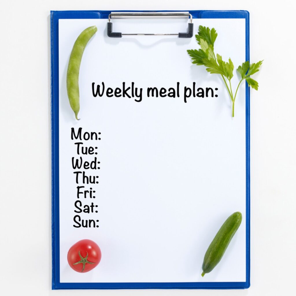 Picture of a weekly meal plan with the days of the week down the left. There are a few veggies placed on top.