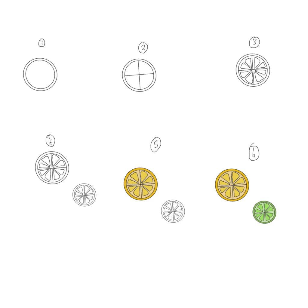 picture tutorial of drawing lemon and lime doodles
