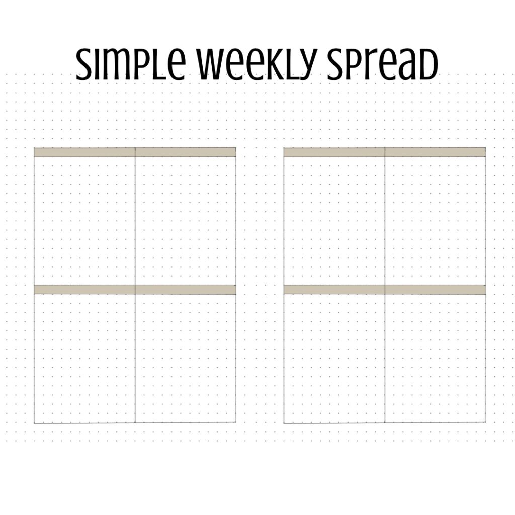 Picture of a very simple weekly spread in a bullet journal. There are just 8 simple boxes. Part of an article: 5 Effortless Bullet Journal Monthly Spread Ideas for Beginners