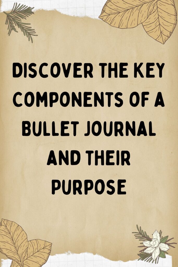 Background of different papers, graph and parchment. Then some leaf decoration on the side. The main feature is the text. It says: Discover the key components of a bullet journal and their purpose.
