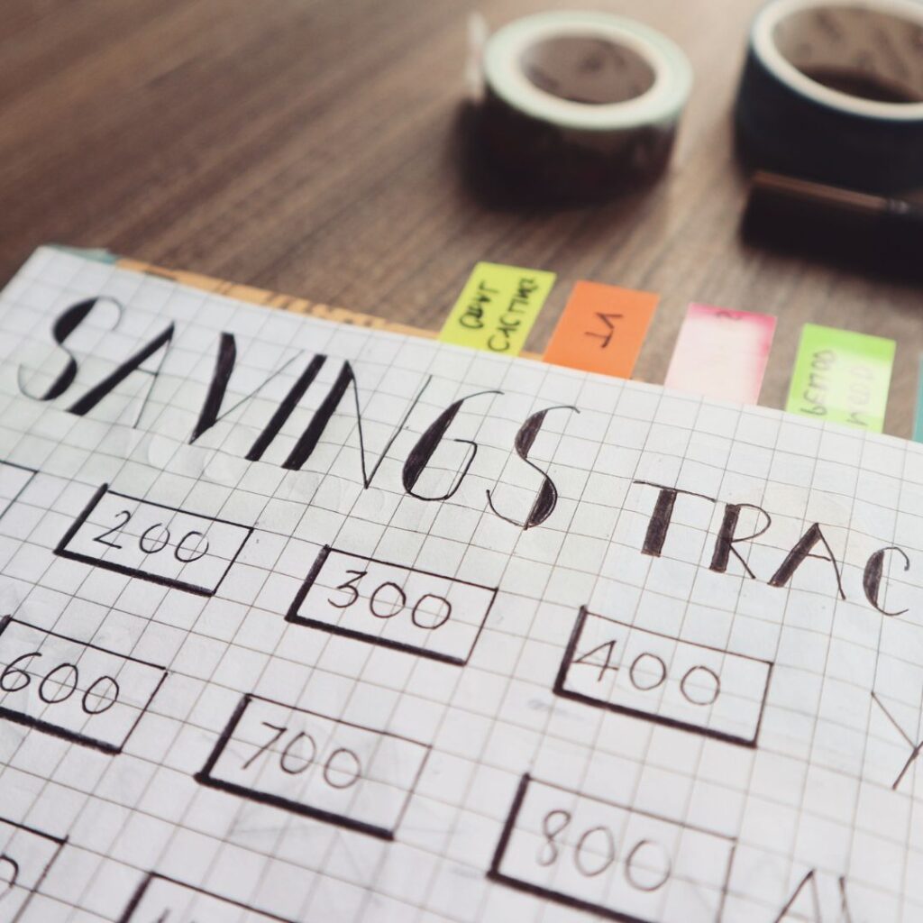 Picture of a savings tracker, or part of one. It is very close up with boxes of different numbers of money. Part of an article about What to include in a bullet journal