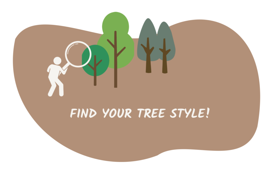There is a color background blob then a icon of a person with a magnifying glass, then some trees. The text says - find your tree style